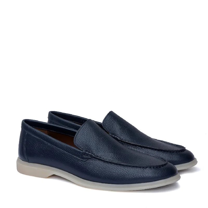 Textured Leather Yacht Slip-On Shoes in Navy Blue Color