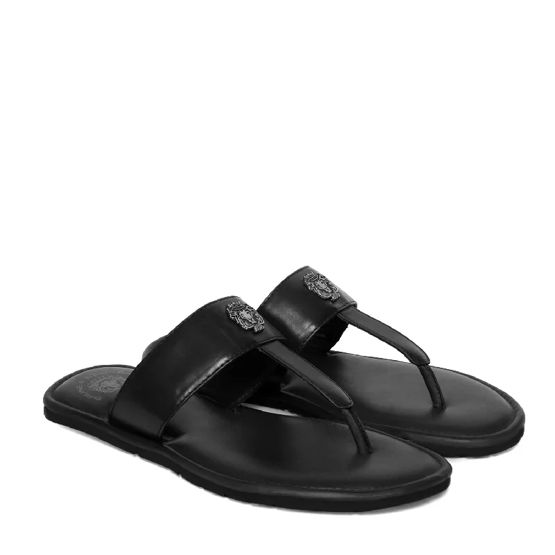 T-Strap Black Slide-in Slippers with Silver Metal Lion