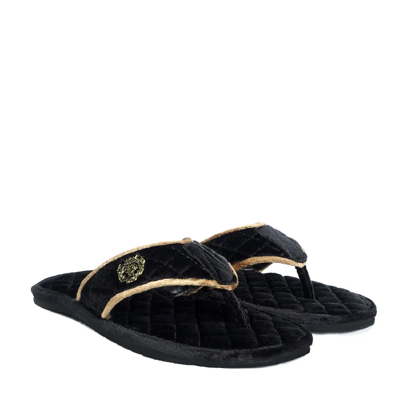 Soft Italian Velvet Slippers in Black Full Quilted with Beige Piping V-Strap