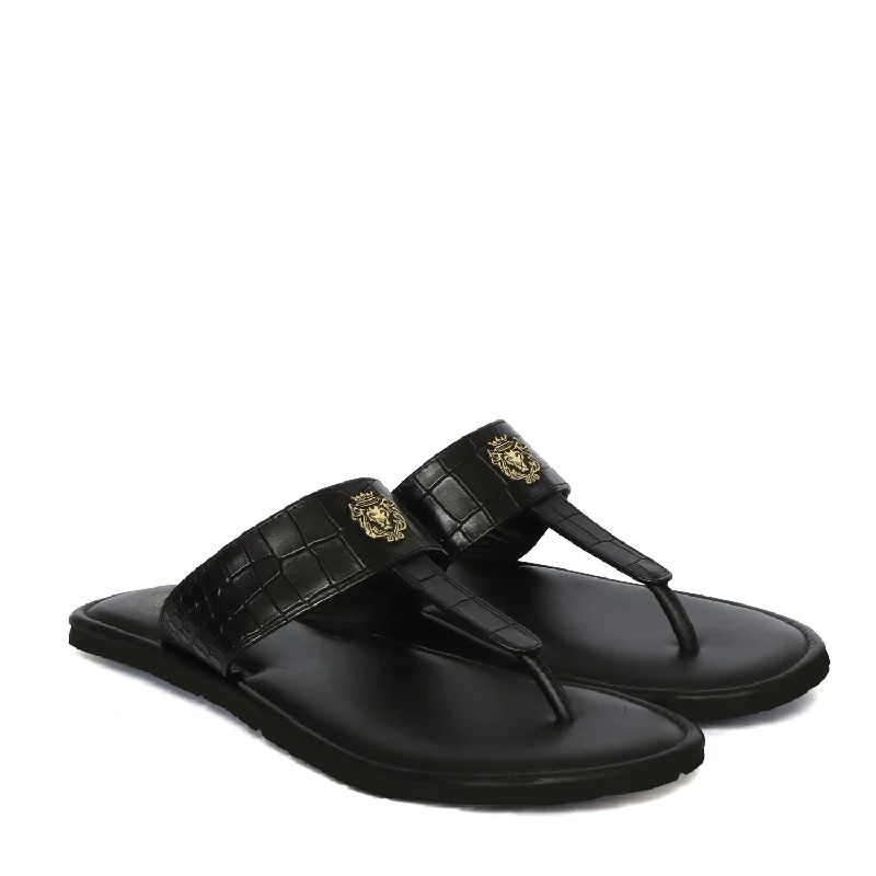 Men's T-Strap Slide-In Slippers in Black Deep Cut Leather