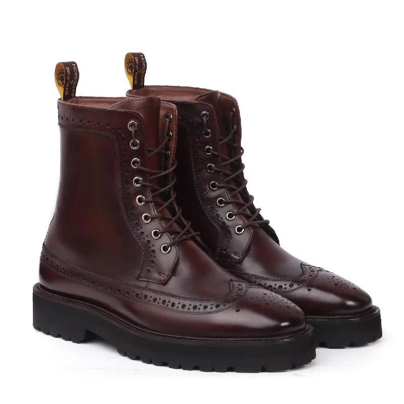 Light Weight Lug Sole Lace-Ups Boot Dark Brown Wingtip Full Punching Brogue Design by Brune & Bareskin