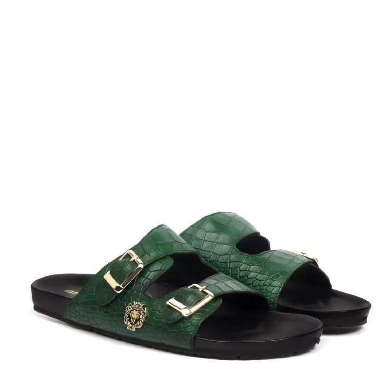 Adjustable Buckle Slide-in Slipper in Green Deep Cut Leather