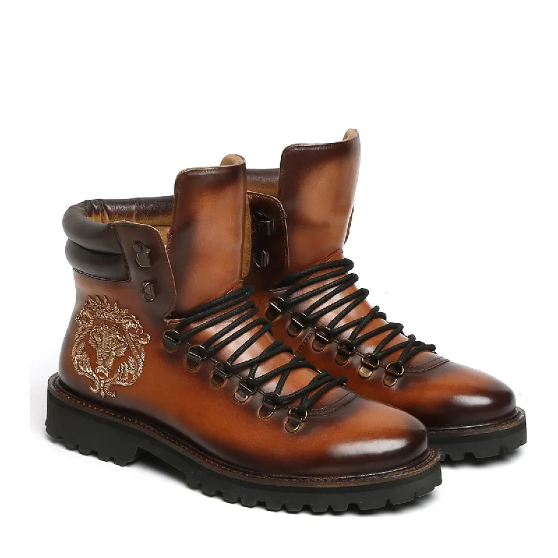 Tan Biker Lion Zardosi Boot With Chunky Sole