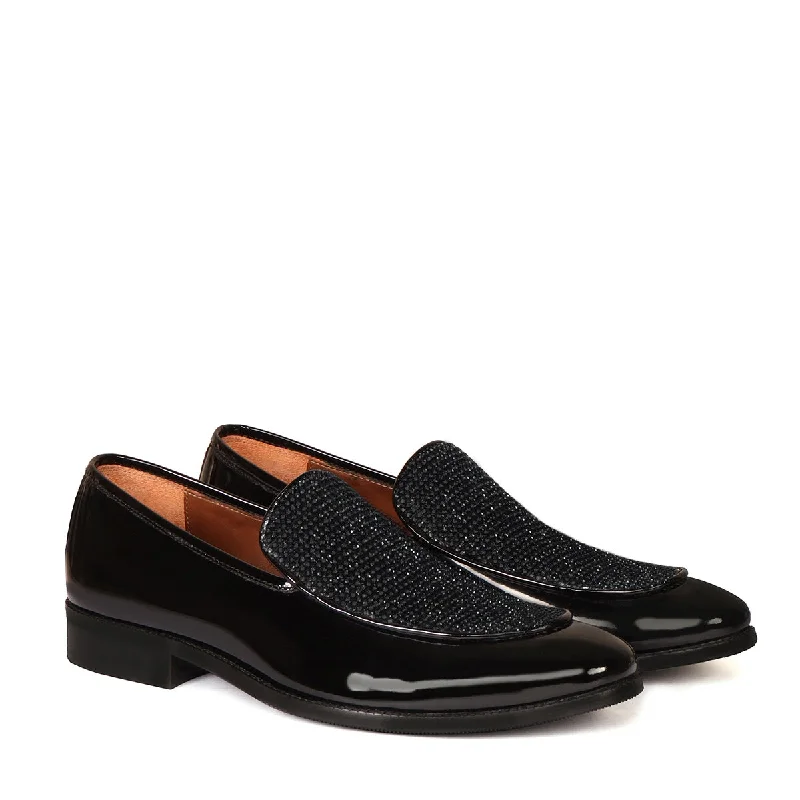 Patent Black Slip-On Shoe with Flashy Rhinestone Zardosi Beads Leather Loafers