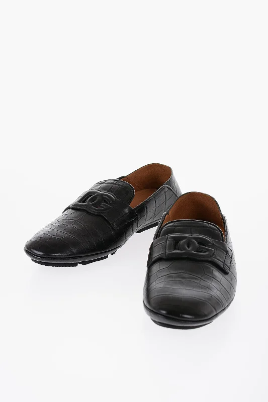 Dolce & Gabbana Crocodile-Effect Leather Driver Loafers With Embossed Logo