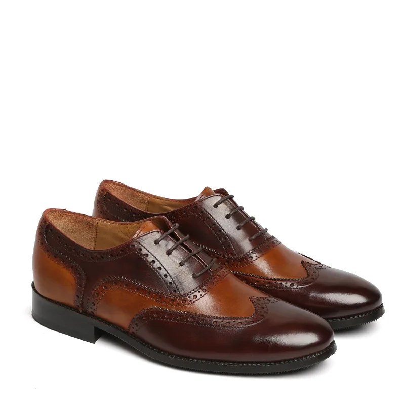 Tan-Brown Leather Shoe with Punching Brogue Oxford Lace-Up Closure