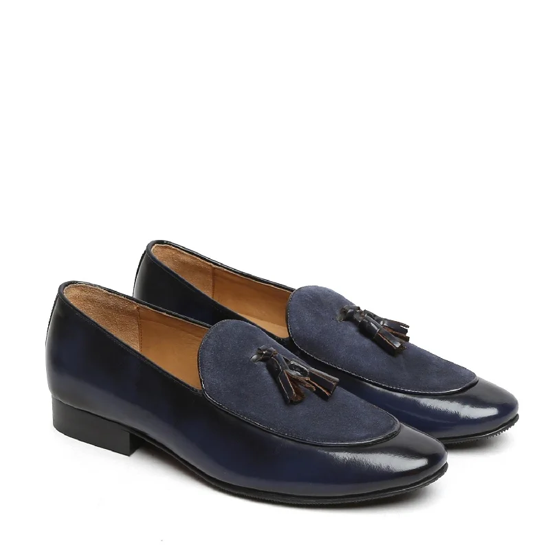 Navy Blue Glossy/Suede Leather Apron Toe Tassel Slip-On Shoes By Brune & Bareskin