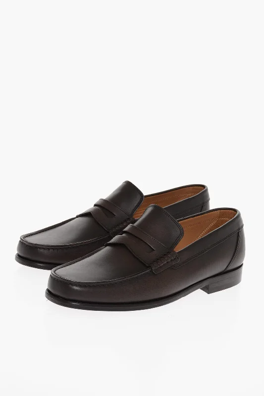 Testoni Solid Color Leather Bracciano Penny Loafers