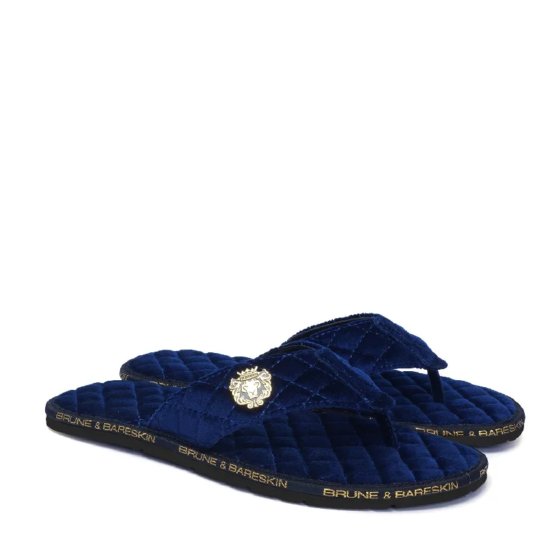 V-Shaped Blue Brand Lining Velvet Quilted Slippers with Lion Logo by Brune & Bareskin