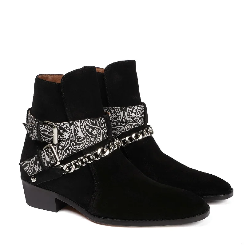 Black Chelsea Cuban Heel Boot in Suede Leather with Bandana Wrap Around Buckle Strap by Brune & Bareskin